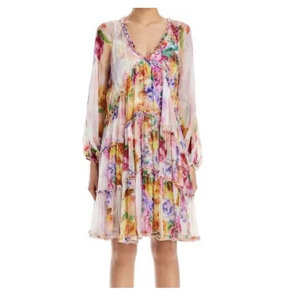 NWT $445 Johnny Was Fionna Silk Mini Dress Tiered Sz XL Colorful Ruffle Floral